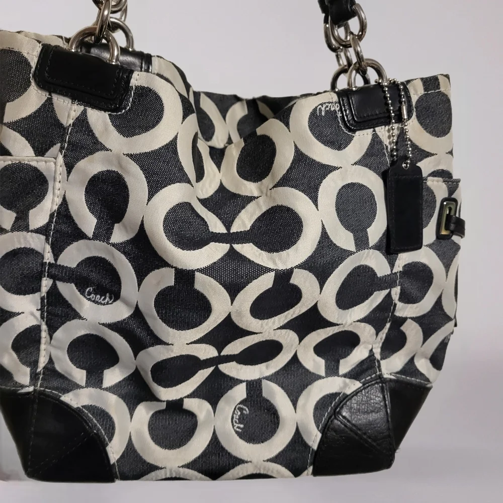 Coach Peyton Opt Art C Denim Drawstring Hobo Tote Bag.